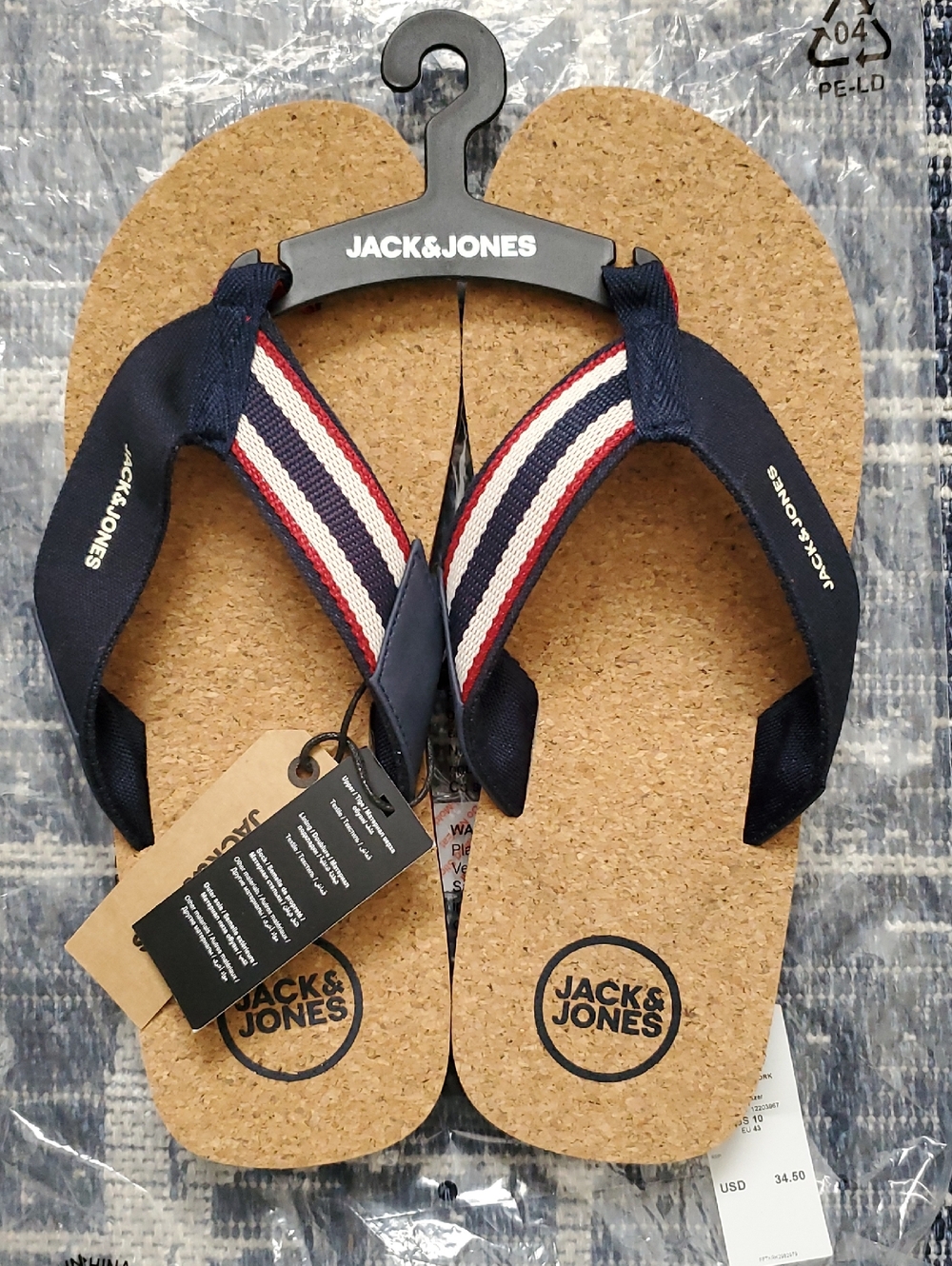 Jack & Jones Cork-Textured Navy Stripe Flip Flops